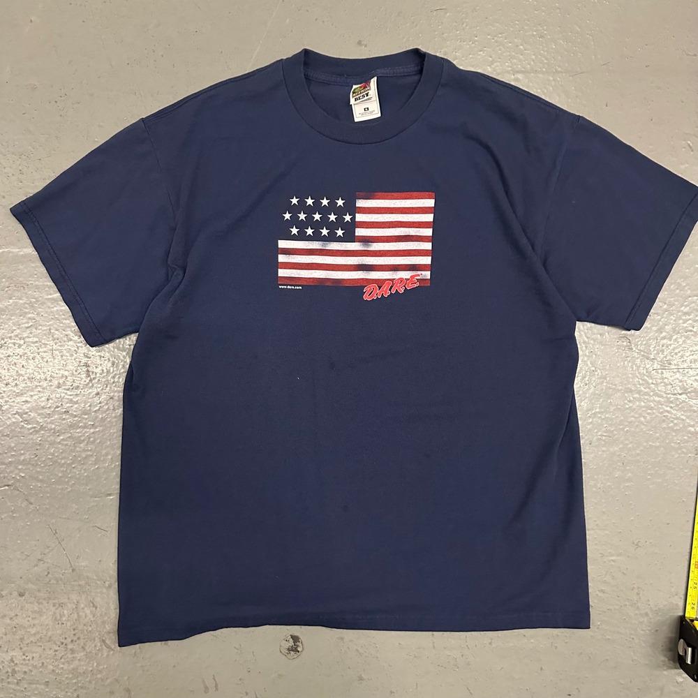 Vintage Fruit of the Loom Mens D.A.R.E. XL Navy Preowned Stains American Flag